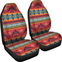 Pair of car seat covers with bold red geometric pattern and black bottom borders