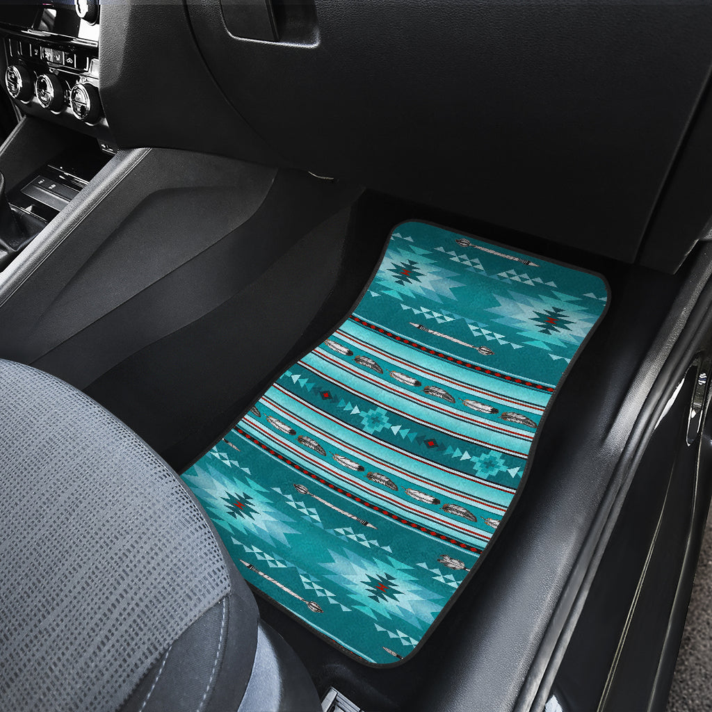 Teal Native-style car mat on rear seat floor, geometric stripe pattern with red/white details