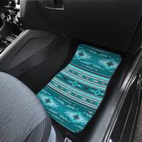 Teal Native-style car mat on rear seat floor, geometric stripe pattern with red/white details