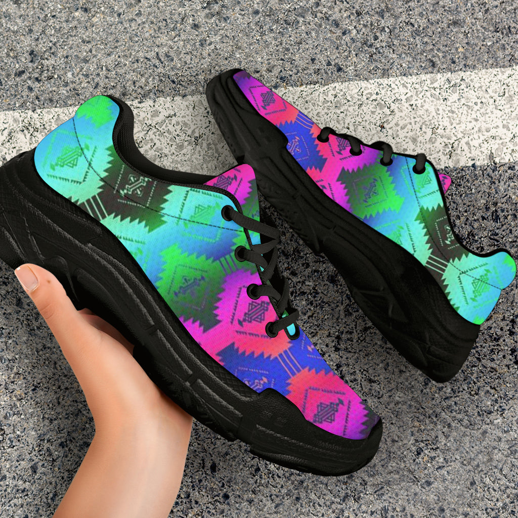 Side view chunky sneakers with Native geometric print; black laces and thick black sole
