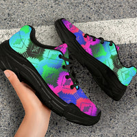 Side view chunky sneakers with Native geometric print; black laces and thick black sole
