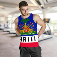 Blue Haiti flag tank top on model with coat of arms and HAITI lettering