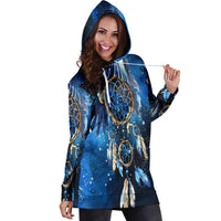Blue galaxy dreamcatcher hoodie dress with long sleeves and front kangaroo pocket