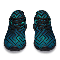 Black sport sneakers with turquoise geometric pattern, lace-up front and black rubber outsole