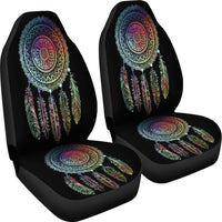 Pair of black front seat covers featuring multicolor dreamcatcher mandala on seats