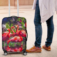 Flamingo print luggage cover on a rolling suitcase, red birds over dark purple/black design