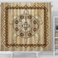 Beaded heart sunburst shower curtain with framed central medallion and geometric edging