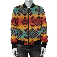 Multicolor geometric bomber jacket, front view, black zipper and ribbed cuffs