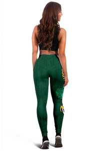 Green back-view leggings with textured pattern and Bok graphic on calf