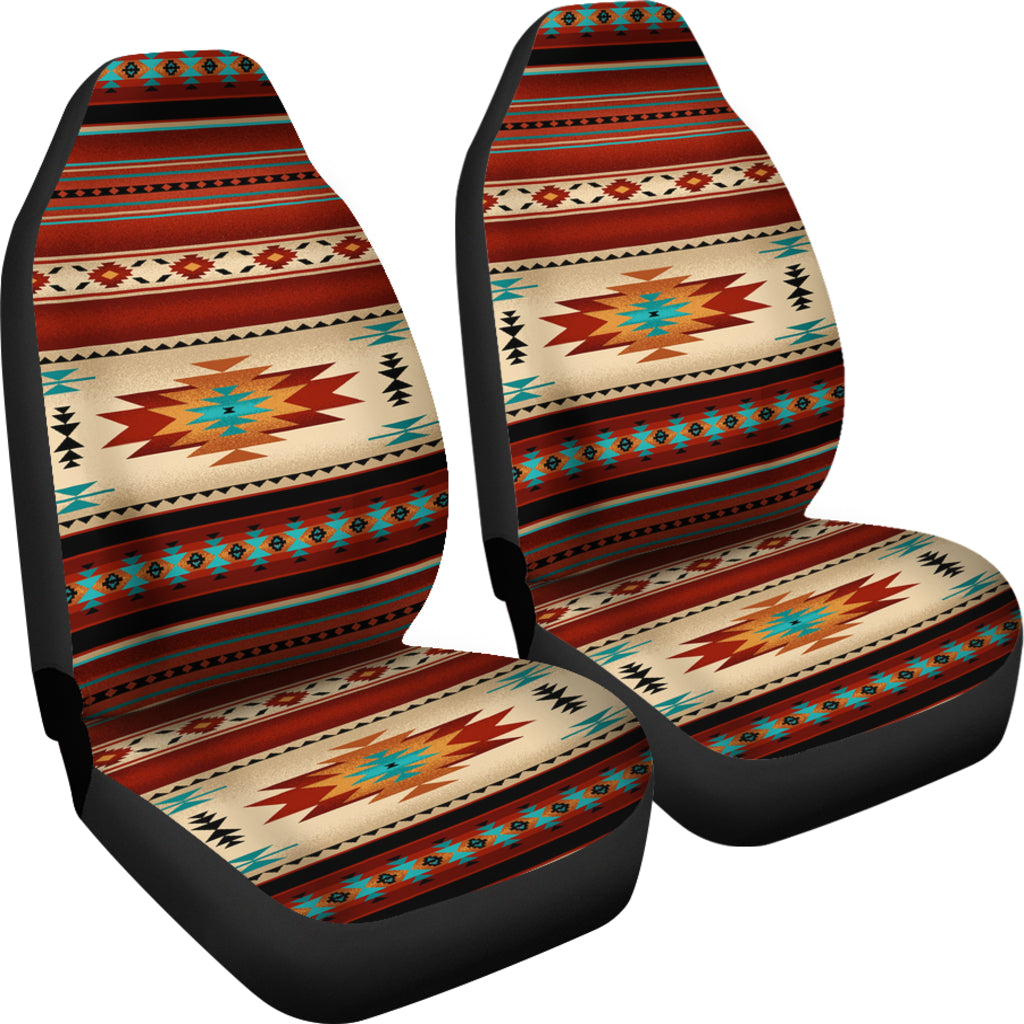 Pair of car seat covers with southwestern red/beige pattern and black lower cushions