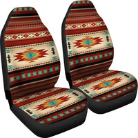 Pair of car seat covers with southwestern red/beige pattern and black lower cushions