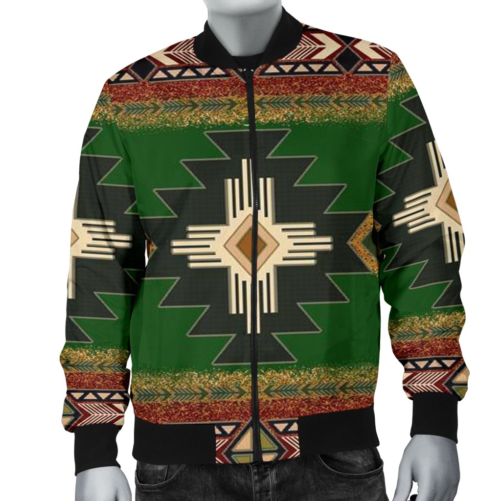Green Native geometric bomber jacket with black trim, zip front, ribbed cuffs