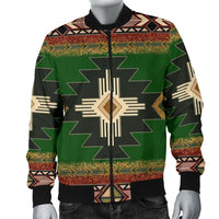Green Native geometric bomber jacket with black trim, zip front, ribbed cuffs