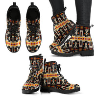 Leather boots, front and side views, multicolor geometric print on black