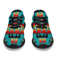 Turquoise multicolor geometric sneakers, black laces and toe sole detail, front view pair