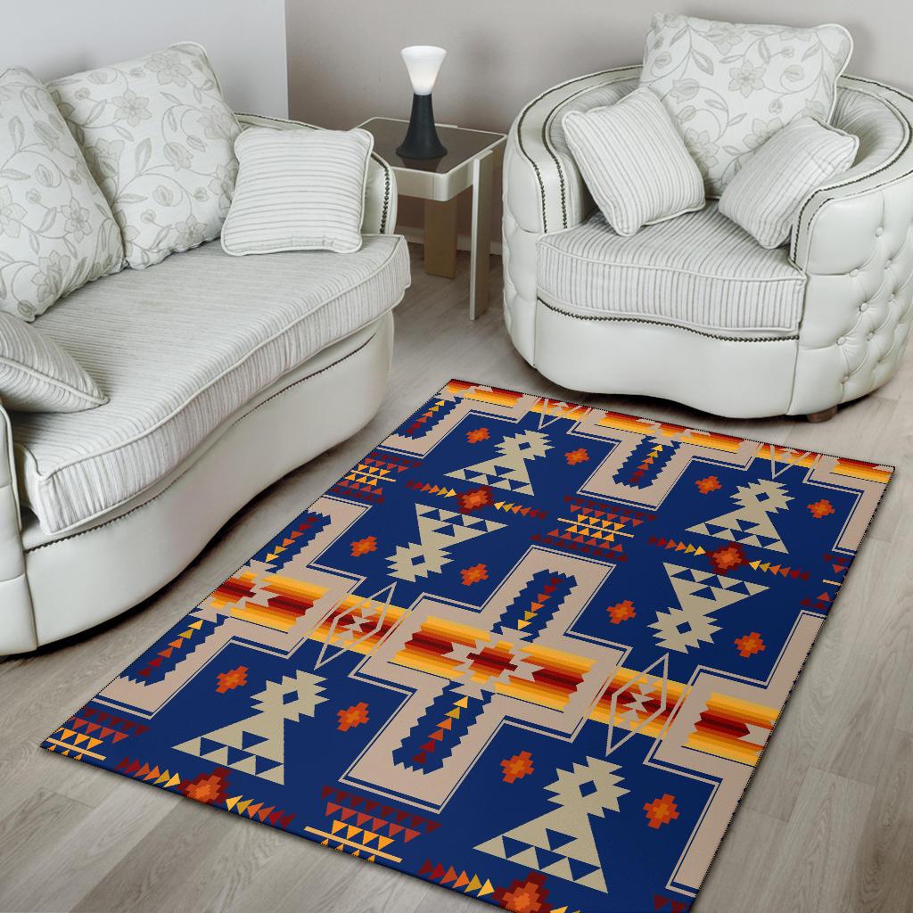 Blue geometric area rug with multicolor stripes and border designs