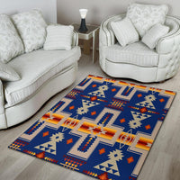 Blue geometric area rug with multicolor stripes and border designs