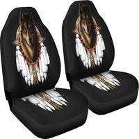 Black car seat covers with wolf portrait, dreamcatcher accents, white feather trim and bead details