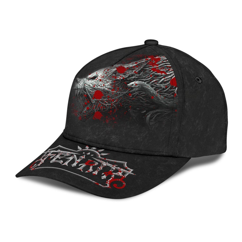 Black classic cap with red Fenrir face graphic on front and crest on brim