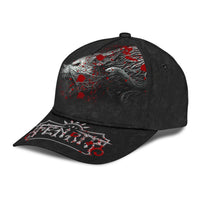 Black classic cap with red Fenrir face graphic on front and crest on brim