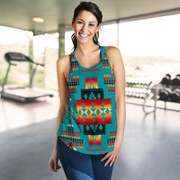 Teal racerback tank with bold multicolor Native geometric print, scoop neckline