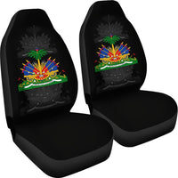 Two black car seat covers with Haiti multicolor emblem on seatback panels