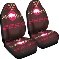 Pair LT10 seat covers, dark brown fabric with repeating red geometric shapes and buffalo icons