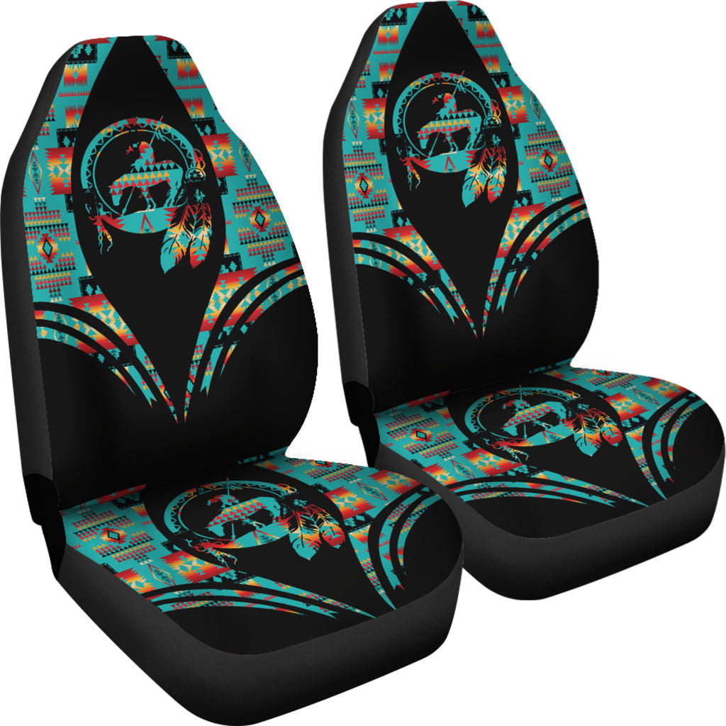 Two-piece car seat cover set with colorful teal and red artwork on black fabric