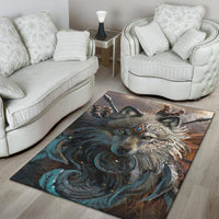 Large wolf area rug with detailed head design, arrows, and circular dreamcatcher motif