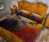 Quiltbettset mit zwei Kissen und Bison-Motiv, gelb-rot-schwarz gesteppt