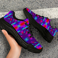 Purple geometric chunky sneakers, black laces and thick tread sole
