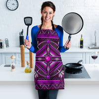 Apron front view: dark pink/purple geometric pattern with bold round center medallion