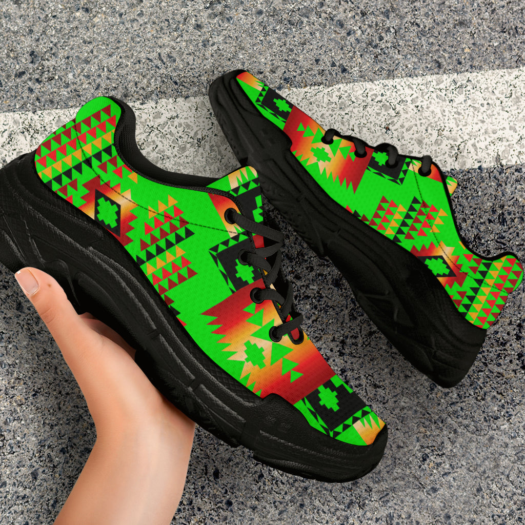 Side view green chunky sneakers with bright native motifs and thick black sole