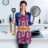 Front view purple tribal patterned apron with black straps and multicolor emblem motifs