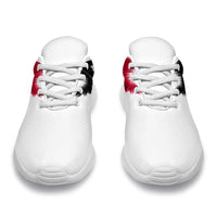 Pair of white sneakers with Haiti flag wing print near heel; white laces and light sole