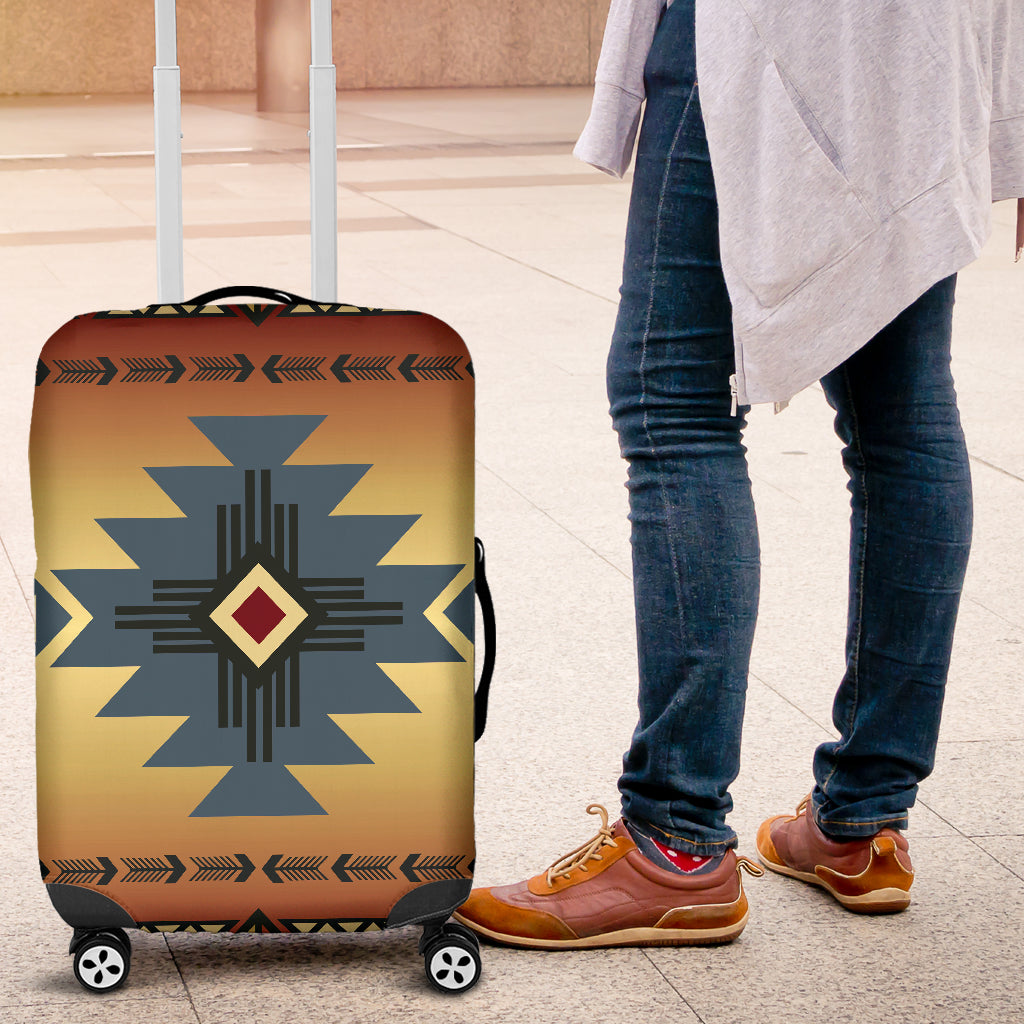 Luggage cover showing blue starburst and diamond emblem, elastic-like hem on wheels