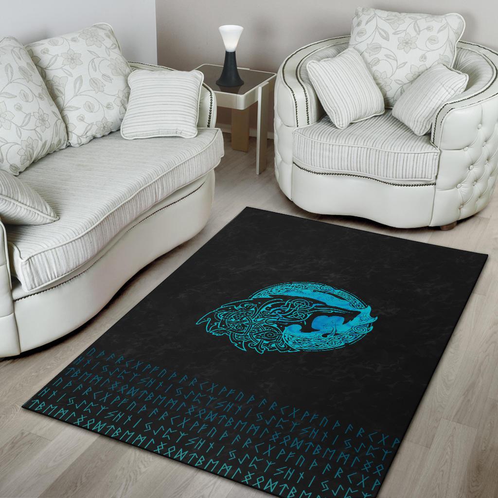 Black rug with cyan wolf emblem and rune pattern near the bottom edge