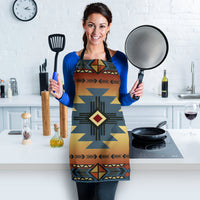 Mustard yellow apron with Southwest border trim, blue accents and red diamond centerpiece
