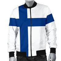 Finnish flag bomber jacket, blue-and-white cross panels with black ribbed hem and cuffs