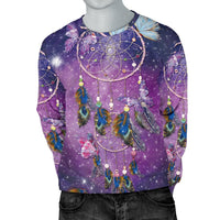 Purple galaxy sweatshirt with large dreamcatcher hoop and hanging feathers, crewneck