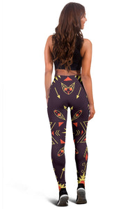 Back view leggings in dark purple with multicolor feather arrow pattern and tapered ankle