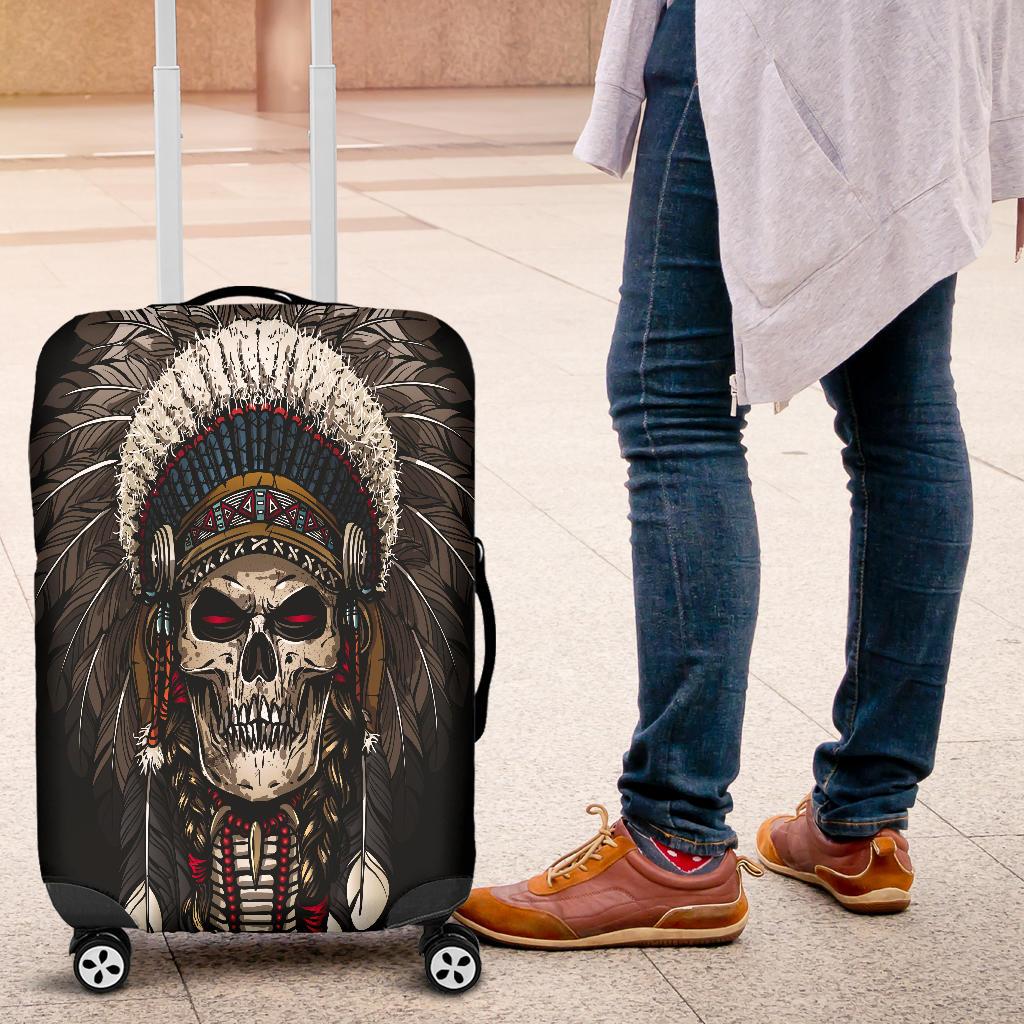 Skull chief luggage cover with feathered headdress, snug fit over suitcase
