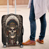 Skull chief luggage cover with feathered headdress, snug fit over suitcase