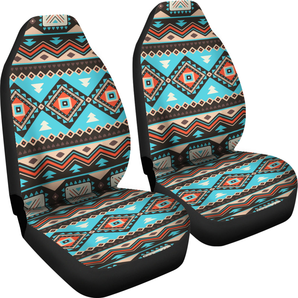 Turquoise tribal line and diamond car seat covers with black edges, two-piece set.
