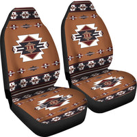 Two-piece car seat cover set: tan tribal geometric temple motif with multicolor bands and black