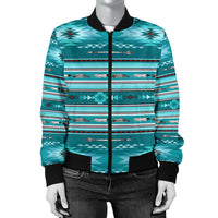 Teal patterned bomber jacket front with black zip closure, ribbed collar, cuffs, and hem