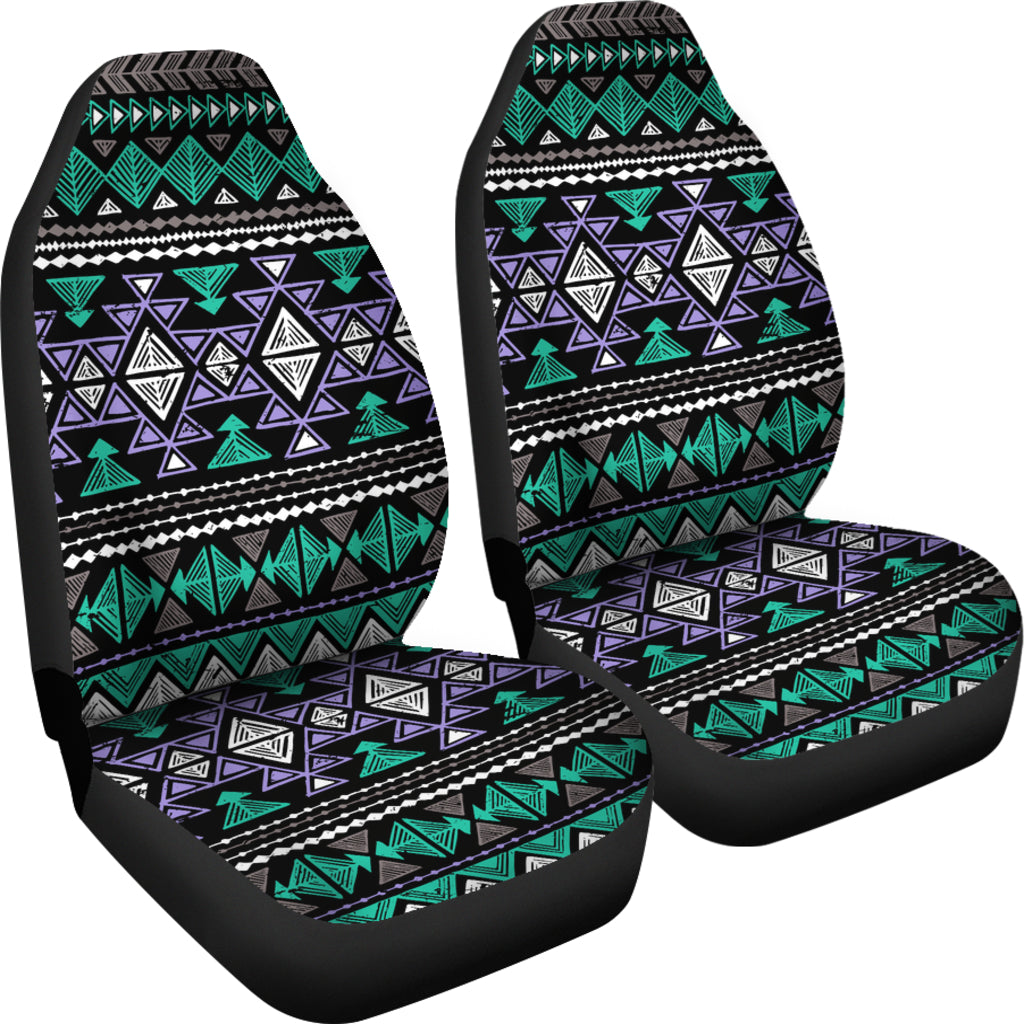 Neon tribal seat cover pair, teal/purple/white motifs with black trim, studio view