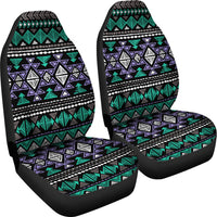 Neon tribal seat cover pair, teal/purple/white motifs with black trim, studio view