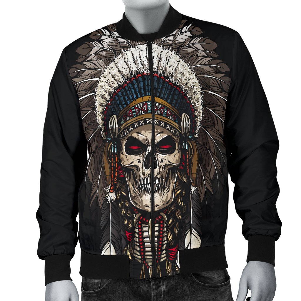 Black zip-up bomber jacket featuring centered Native American skull headdress print on the front