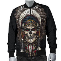 Black zip-up bomber jacket featuring centered Native American skull headdress print on the front